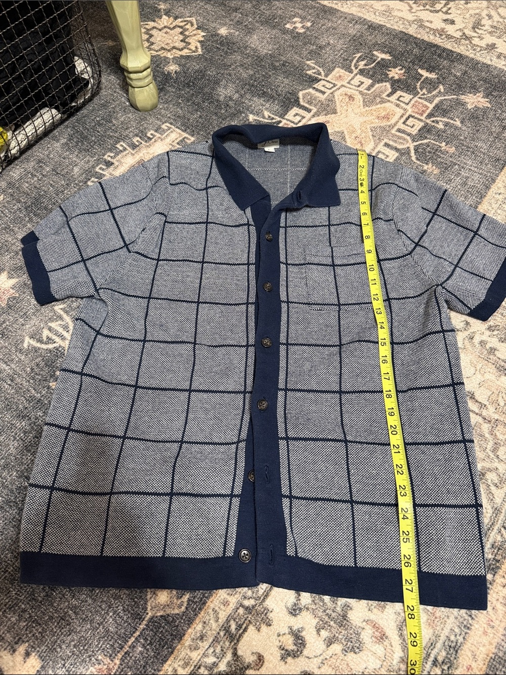 J. Crew Short-Sleeve Navy and Light Gray Windowpane Button Cardigan